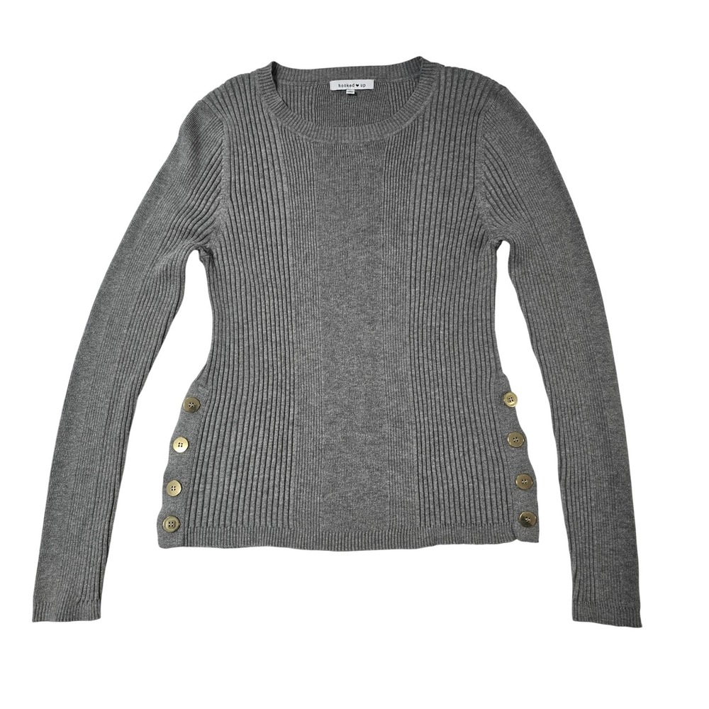 Hooked Up Grey Ribbed Sweater Gold Button Accents XL Henley Soft‎ Stretch